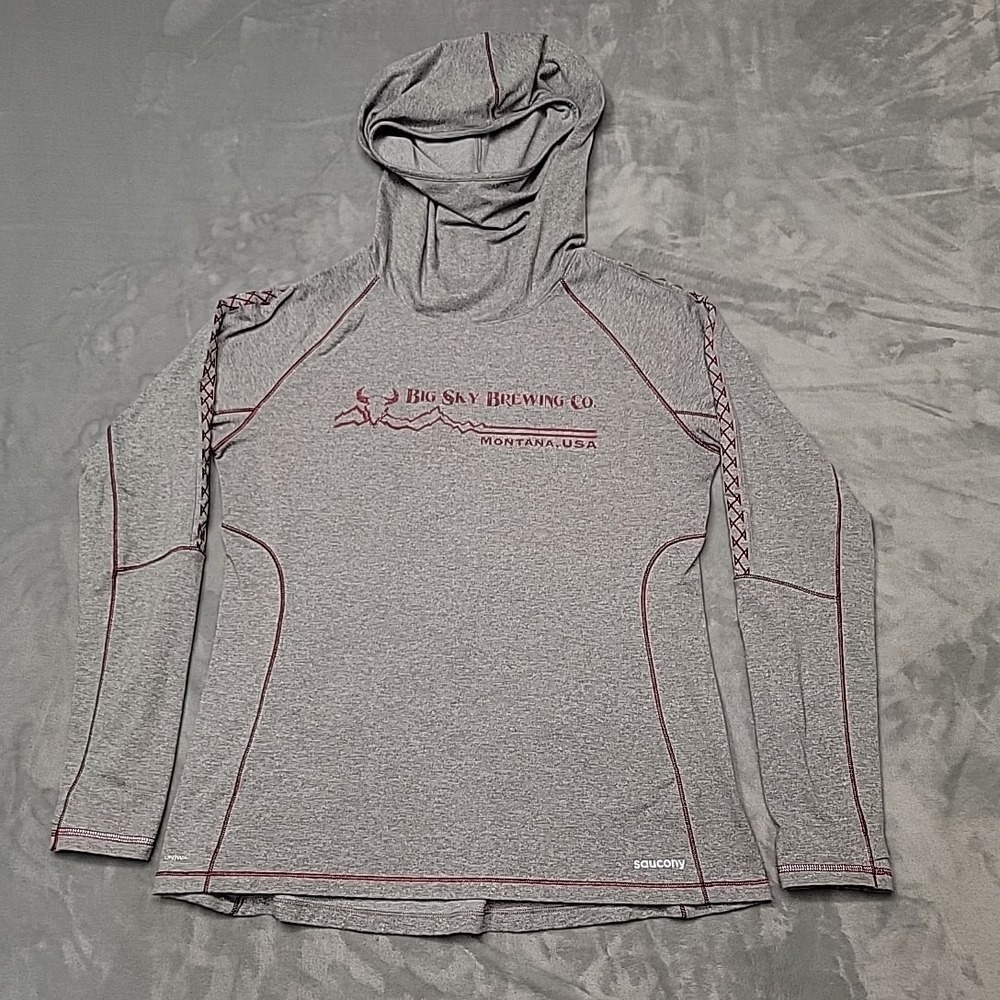 Saucony Hoodie Shirt Womens Large Gray Big Sky Brewing Co Montana USA Activewear
